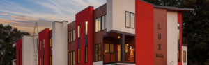 A building with red and white walls